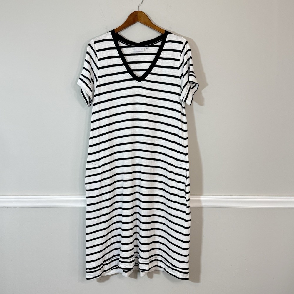 FOIL New Zealand Blue White Striped Tee Shirt Dress Sz LG Pockets Cotton V Neck